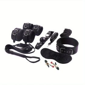 BDSM Bondage Set; Erotic Bed Games; Adults Handcuffs; Nipple Clamps; Whip Spanking Anal Plug Vibrator SM Kit; Sex Toys For Couples - Black