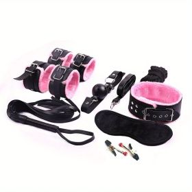 BDSM Bondage Set; Erotic Bed Games; Adults Handcuffs; Nipple Clamps; Whip Spanking Anal Plug Vibrator SM Kit; Sex Toys For Couples - Pink