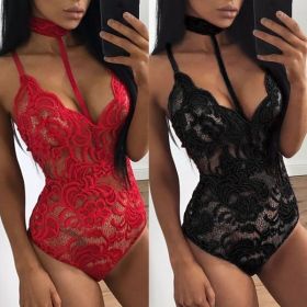 Fashion Women Sheer Lace Floral Leotard Tops Backless Jumpsuit Sexy Lingerie Dress Neck Choker Bodysuit - Black - M