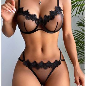 Sexy Women Clothing Mesh Water Soluble Floral Underwear Bra Sexy Suit - M - Black